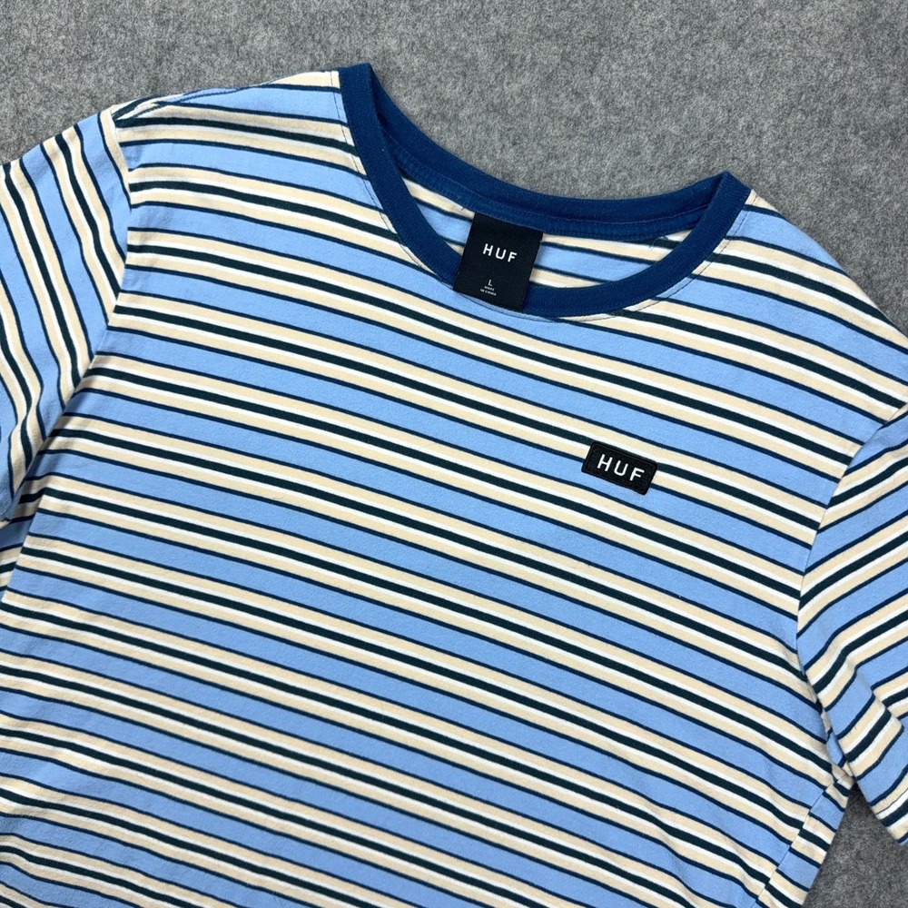 HUF Shirt Mens Large Blue Striped Logo Crew Neck Short Sleeve Skateboard Tee Y2K